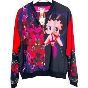 Plums Betty Boop Jacket Womens Large Full Zip Bomber Floral Lightweight